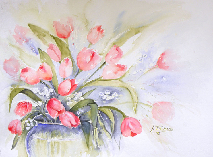 Tulpen in Vaas, aquarel van bloemen