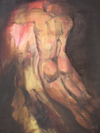 Mijn schilderijen hebben eigenlijk dezelfde thema's als mijn 'kleine werk'. Er is weinig verschil in voorgrond en achtergrond. De figuren proberen zich min of meer los te worstelen van hun omgeving.