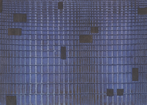 Touw en tape, acrylverf en gesso zijn de materialen waarmee  de paneeltjes in deze serie zijn ontstaan.