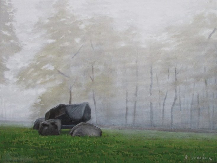 Hunebed in de mist II, omgeving Borger