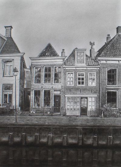 Grachtenpanden aan het Franekereind in Harlingen - Potlood