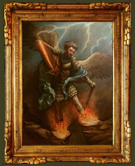 Aarts engel Michael staat klaar de satan te binden.