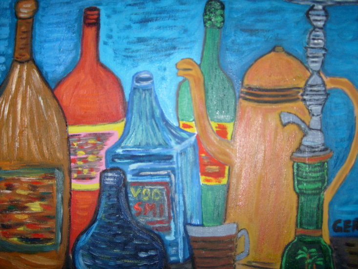 Still life bottles and waterpipe