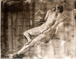 figure drawing (nude) 2014-2015. I work with a chiaroscuro technique here that is achieved by working with paper prepared in advance to be a mid-tone neutral color.