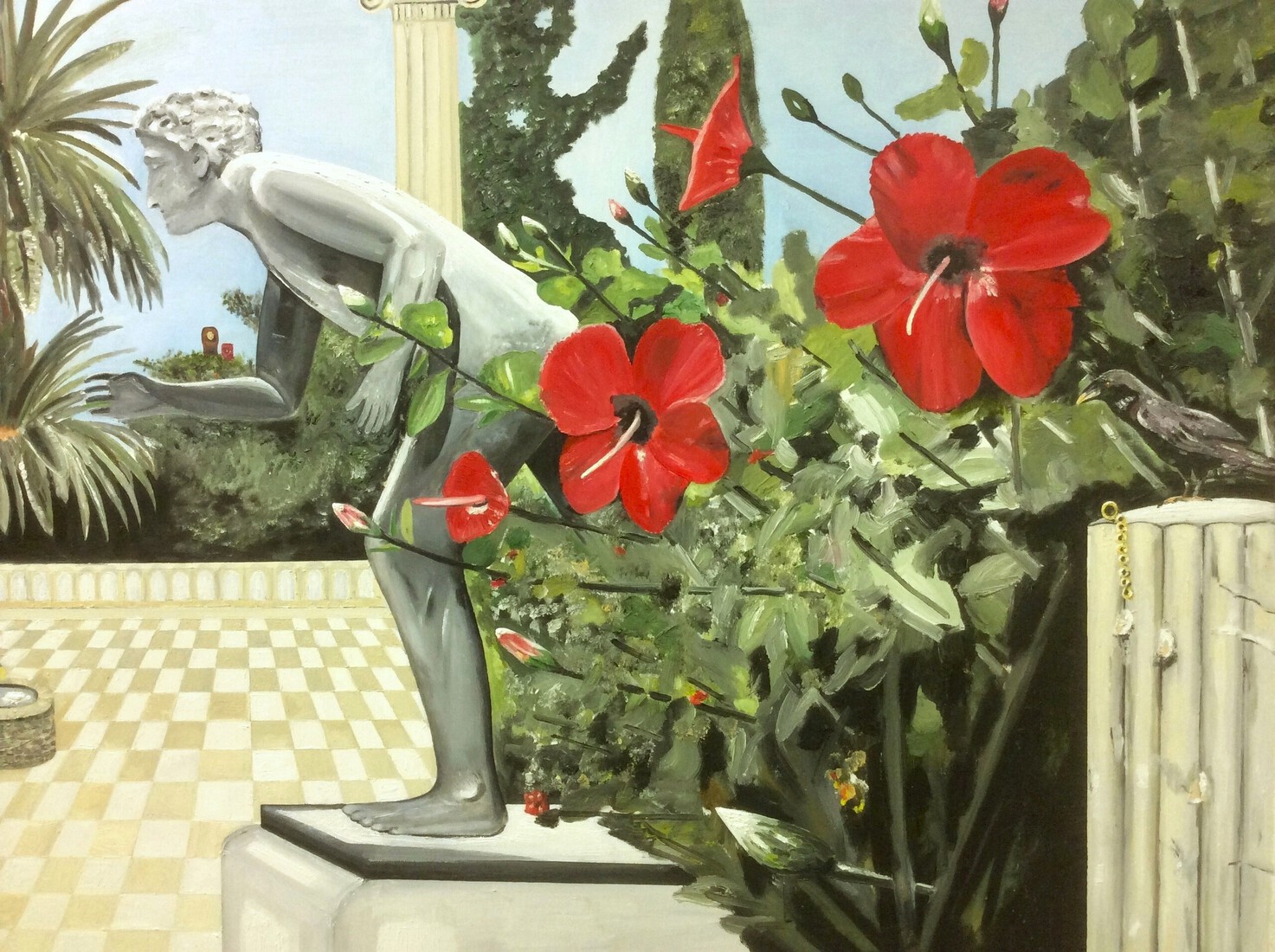 Grieks beeld met raaf, paleis van Sisi Corfu Griekenland