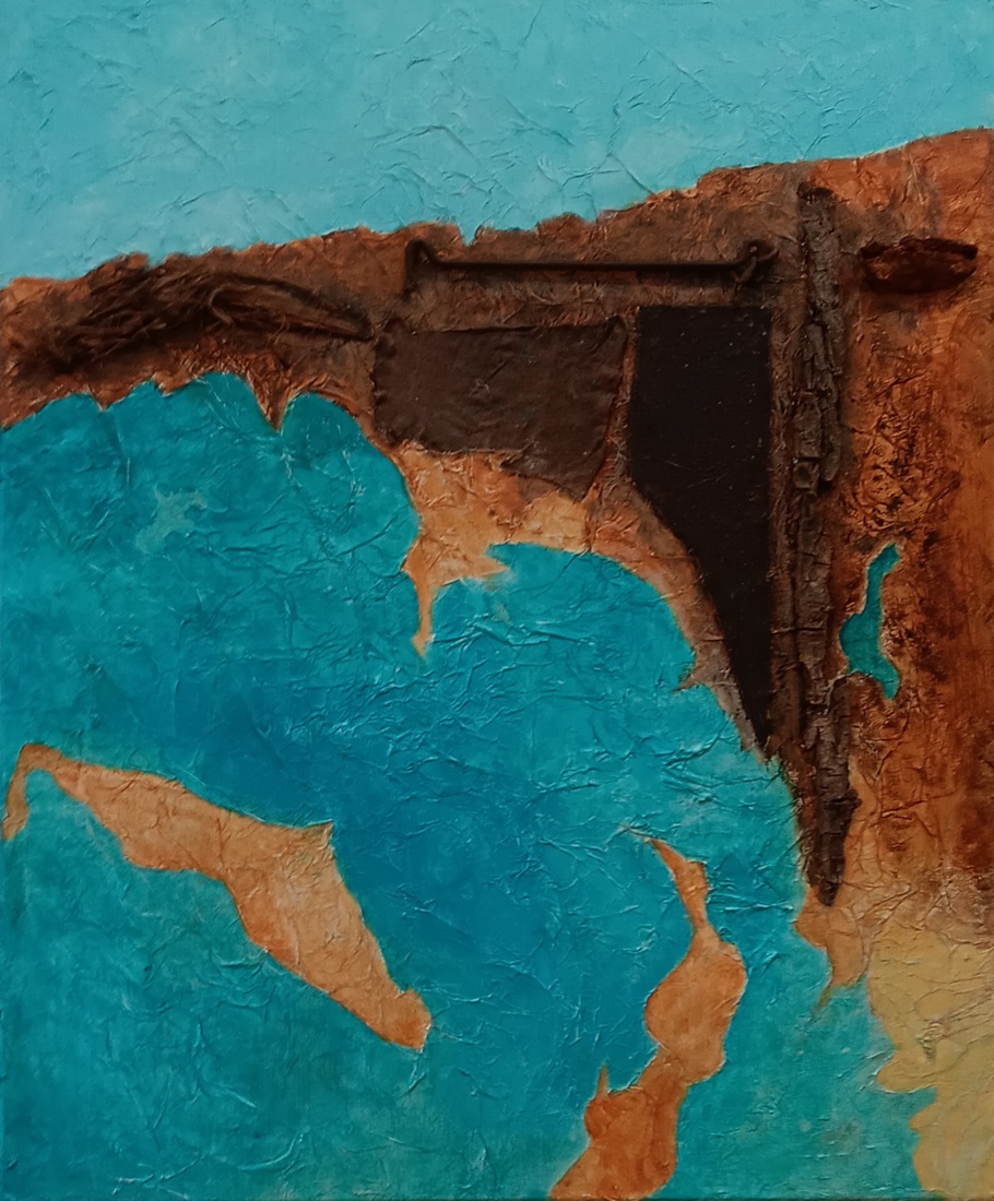 Compositie in turkoois en roestbruin