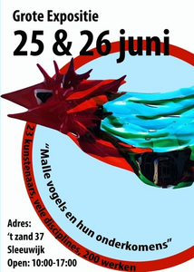 Expositie Malle Vogels en hun onderkomen april en juni 2016: beeld poëzie, beschilderde stenen. 
Originelen zijn te koop. Alles is in kunstprint verkrijgbaar. Zie Kunstshop voor prijzen en formaten. 