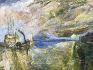 Olieverf op doek,  wegdromen in lucht, land en wateroppervlak.