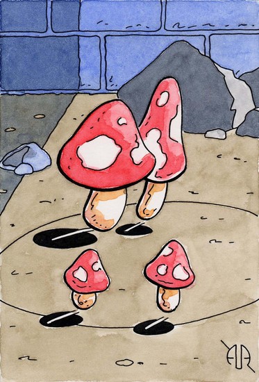 Paddestoelenfamilie samen op stap