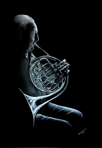 Zwart/wit portretten van musici en hun instrument