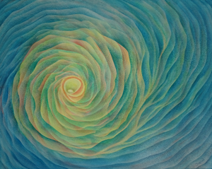 Verschillende benaderingen van het thema kosmos en spiritualiteit.
Kleuren van schilderijen kunnen enigszins afwijken van de werkelijke kleuren. Vooral de blauwtinten zijn meestal warmer, hebben vaak meer geel en turquoise in zich, dan op de foto te zien is.