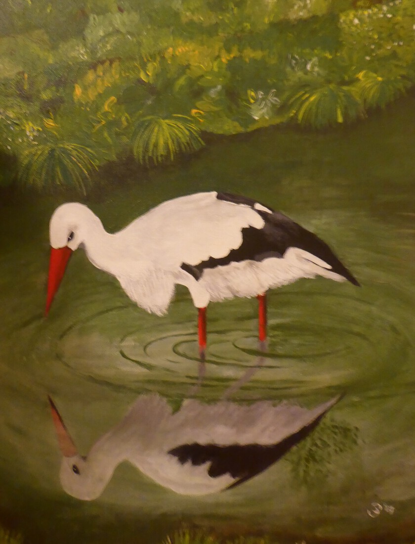 Een ooievaar geschilderd
