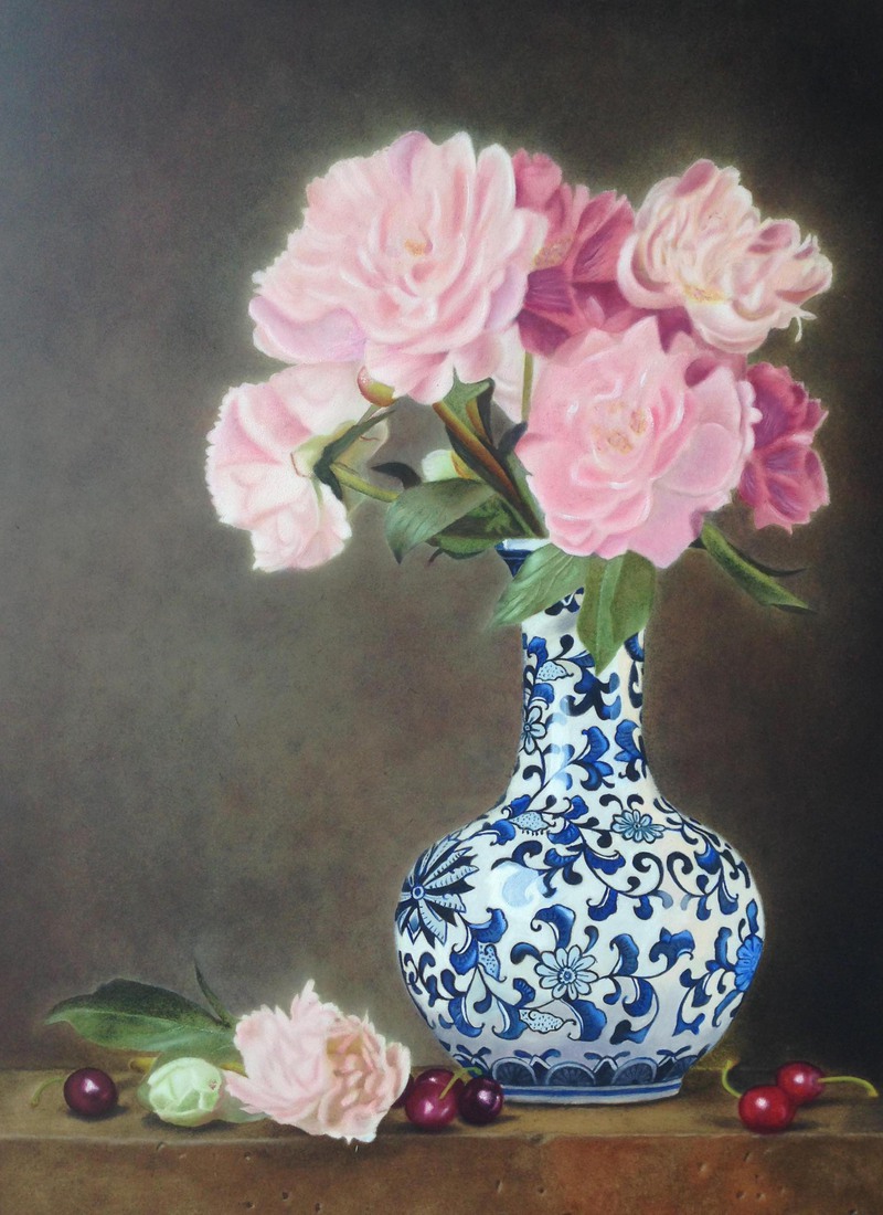 Chinese vaas met pioenrozen
