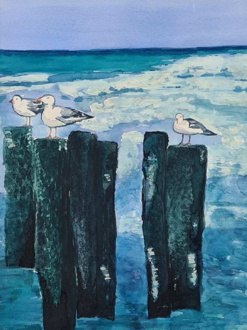 Meeuwen op paalhoofden