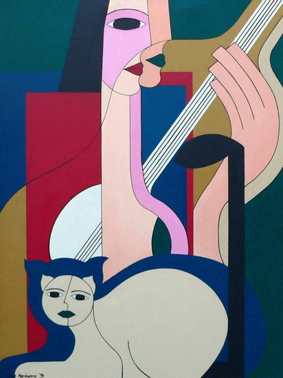 Woman with guitar and cat (with frame)