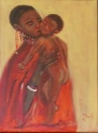 Deze inspiratie krijg ik door houding, kleur en fantasie. Het getoonde schilderij Titel: Masai met kindje, Techniek: Acryl.