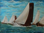 Na 25 jaar een eigen boot te hebben gehad en nu wonend in Friesland kan dit onderwerp niet worden overgeslagen. Het getoonde schilderij heet Skûtsjesilen en is verkocht.
