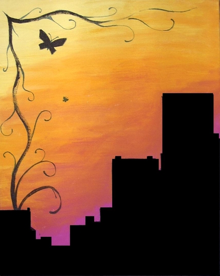 Zonsondergang met tegenstelling: natuur - stad