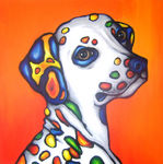 Hier vind je vrolijke schilderijen van dieren in heldere kleuren.