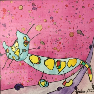 Schilderijtjes gemaakt met verschillende technieken. De afbeeldingen zijn gebaseerd op kindertekeningen.