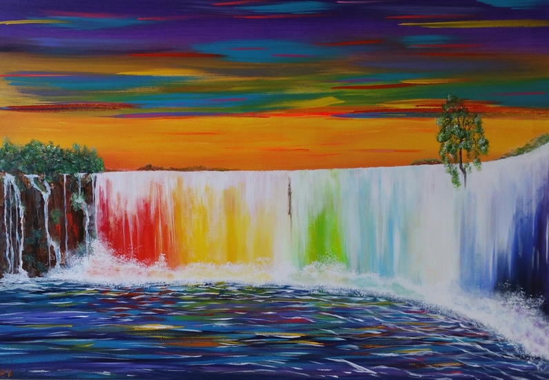 waterval schenkt regenboog aan kleuren