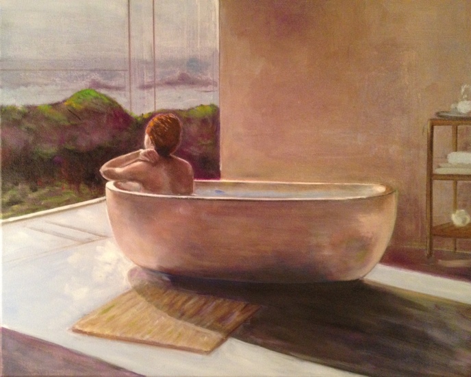 Dame in bad met uitzicht