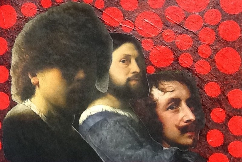 Outsider art; Three men and red circles.