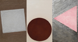 Tilted Square, Lowered Circle and Flipped Triangle in a new context together. The food powders and the different soils add new layers together with the 3 shapes and their configuration. This 3 panel work tells a more complex story than just triangle, square and circle if painted with paint.