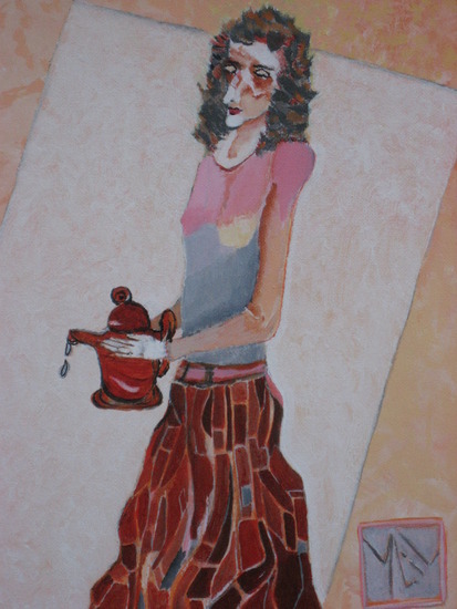 vrouw met lekkende theepot