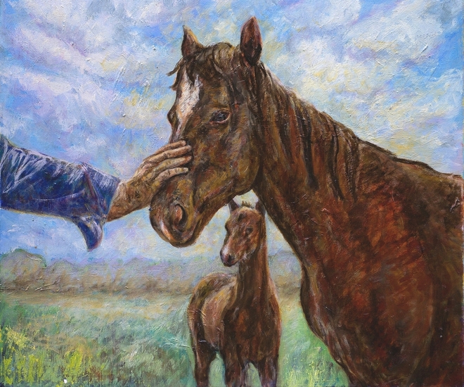 paardenschilderij - merrie met veulen