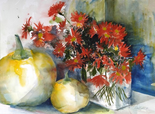 Pompoenen met rode bloemen