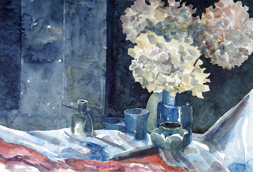 Blauwe vaasjes in maanlicht