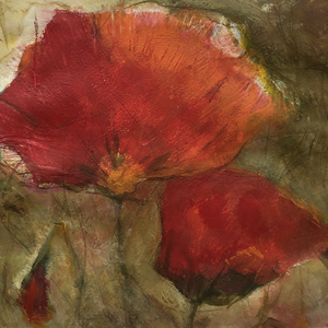 In deze serie vormen klaprozen de hoofdrol. Het zijn prachtige bloemen, die met hun  tere, felgekleurde blaadjes een fraai decor vormen in de natuur. 
Acryl met gemengde technieken. Ook als kunstkaart te bestellen.
