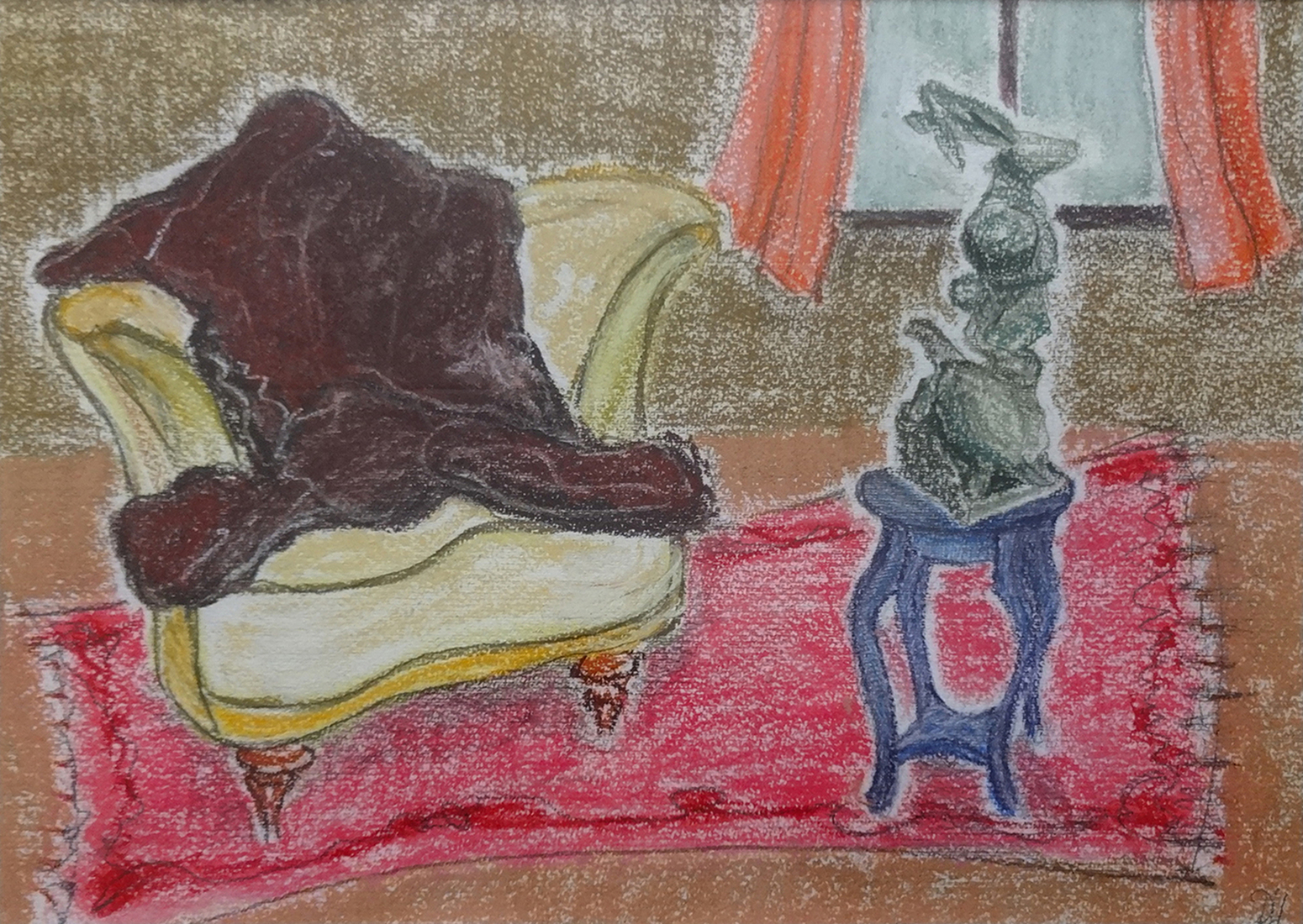 Interieur met stoel, rood kleed en haas, pasteltekening 30 x 40 cm