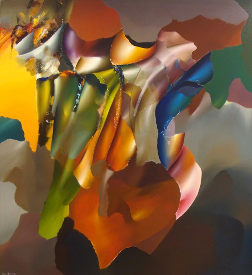 'The hanging garden' [op een donkere muur dit abstracte bloemenschilderij met mooie warme kleuren tinten]