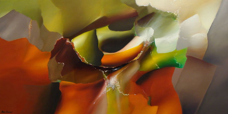 Delicious harmony [modern abstract bloemenschilderij olieverf in groen en geel-oranje - mooie zachte kleuren