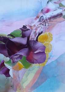 Het wordt ook wel schilderen met papier genoemd. Met vele soorten verschillende papieren plakken kom ik uiteindelijk tot één geheel. Het zijn meestal kleurige werkstukken geworden waarin veel gebeurd. De uitdaging was steeds om er toch een focuspunt in te verwerken.