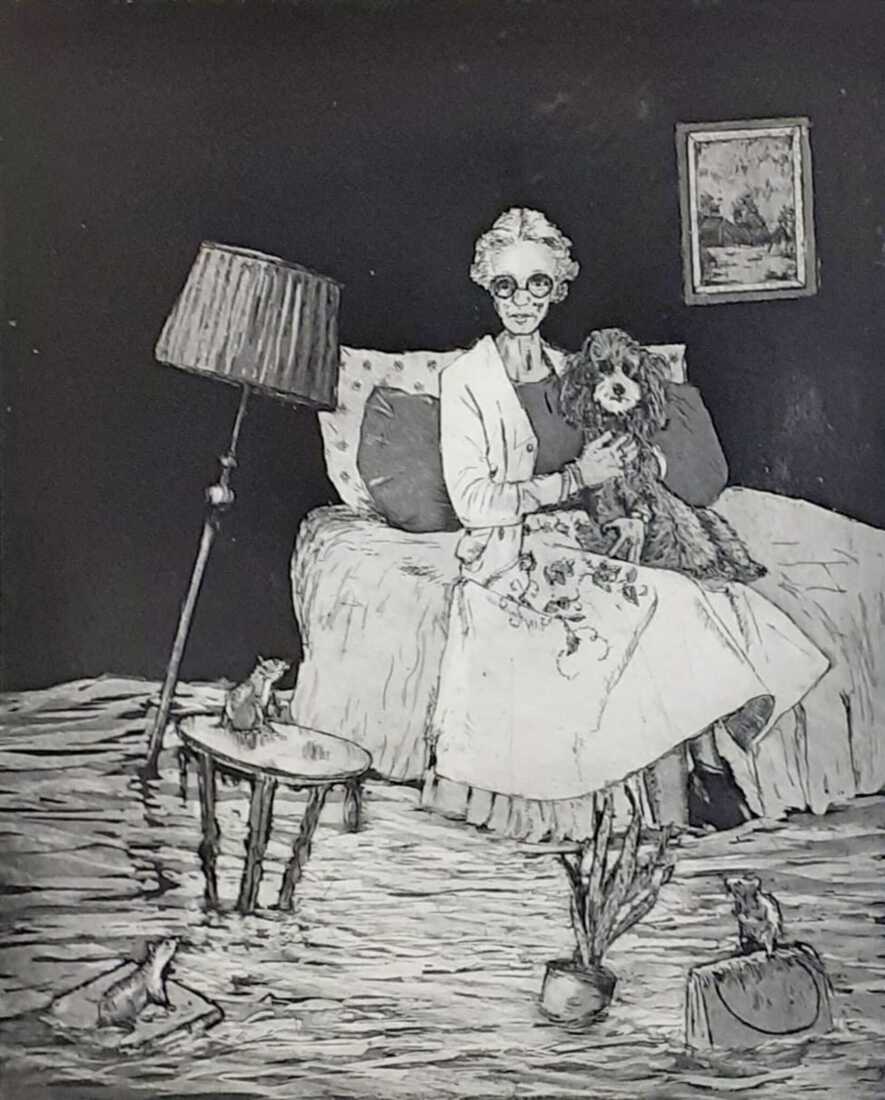 Portret van vrouw met hond in overstromingsgebied.