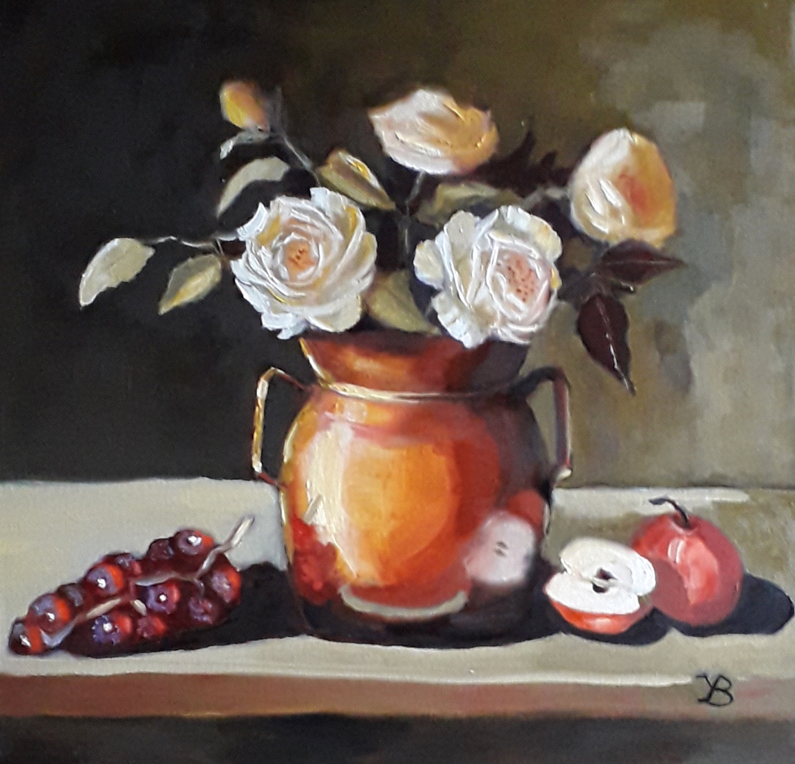koperen pot met appels en druiven