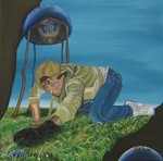 Drieluik van schilderijen met verschillende bolvormen onder elkaar.