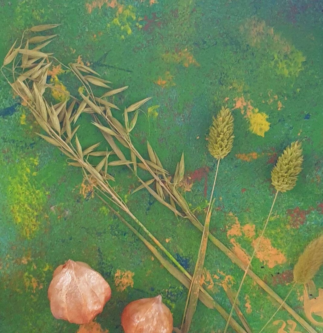 Bloemenschilderij groen/oranje