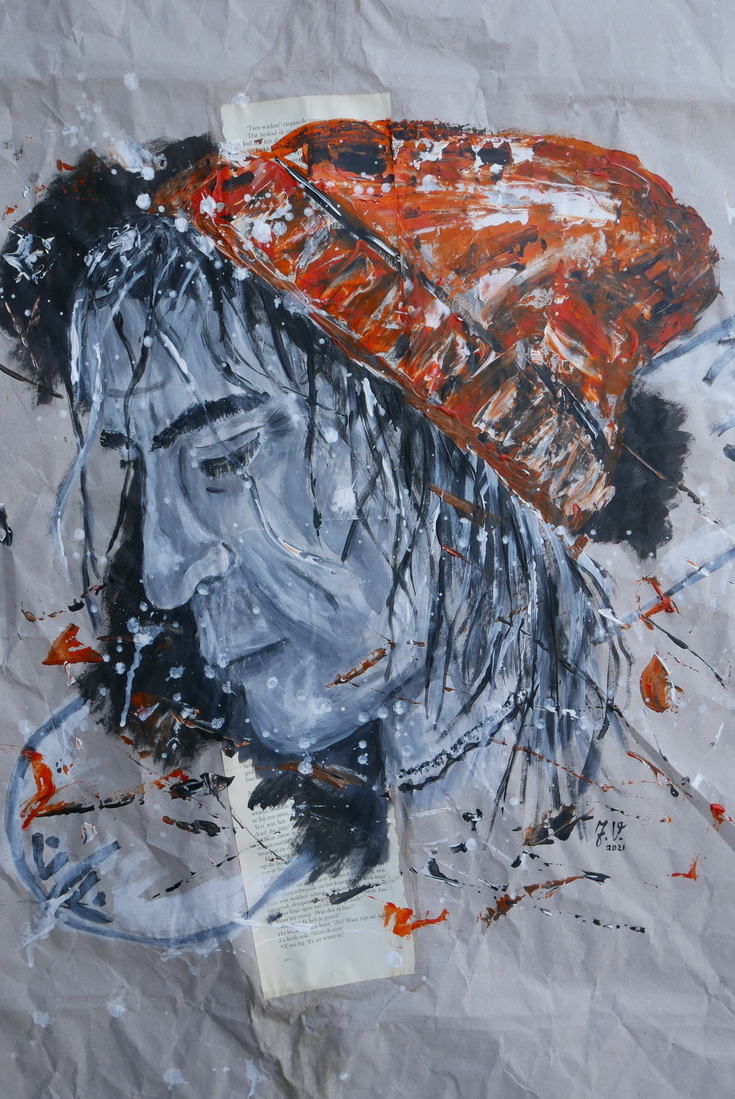 portret man met oranje beanie