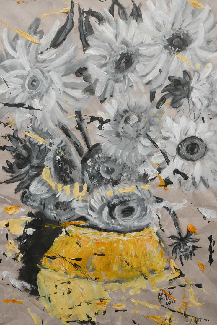 zonnebloemen een beetje van Gogh en een beetje van Verduin