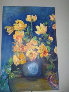 1.10 x 80 , bloemen in blauwe pot. Spelen met licht. Met paletmes , op doek.