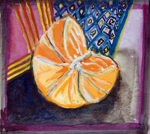 blauw en rood kleed met mandarijn