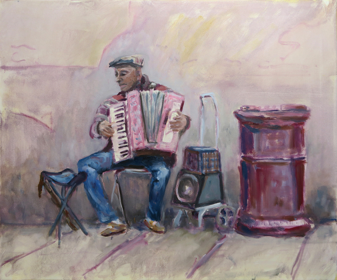 Straatmuzikant achter de Eglise Notre Dame des Anges in Collioure.