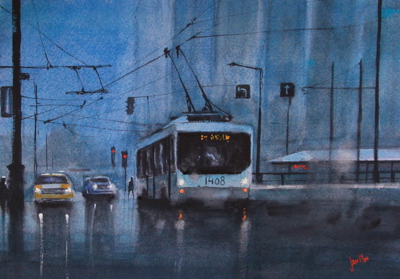 tram in blauw
