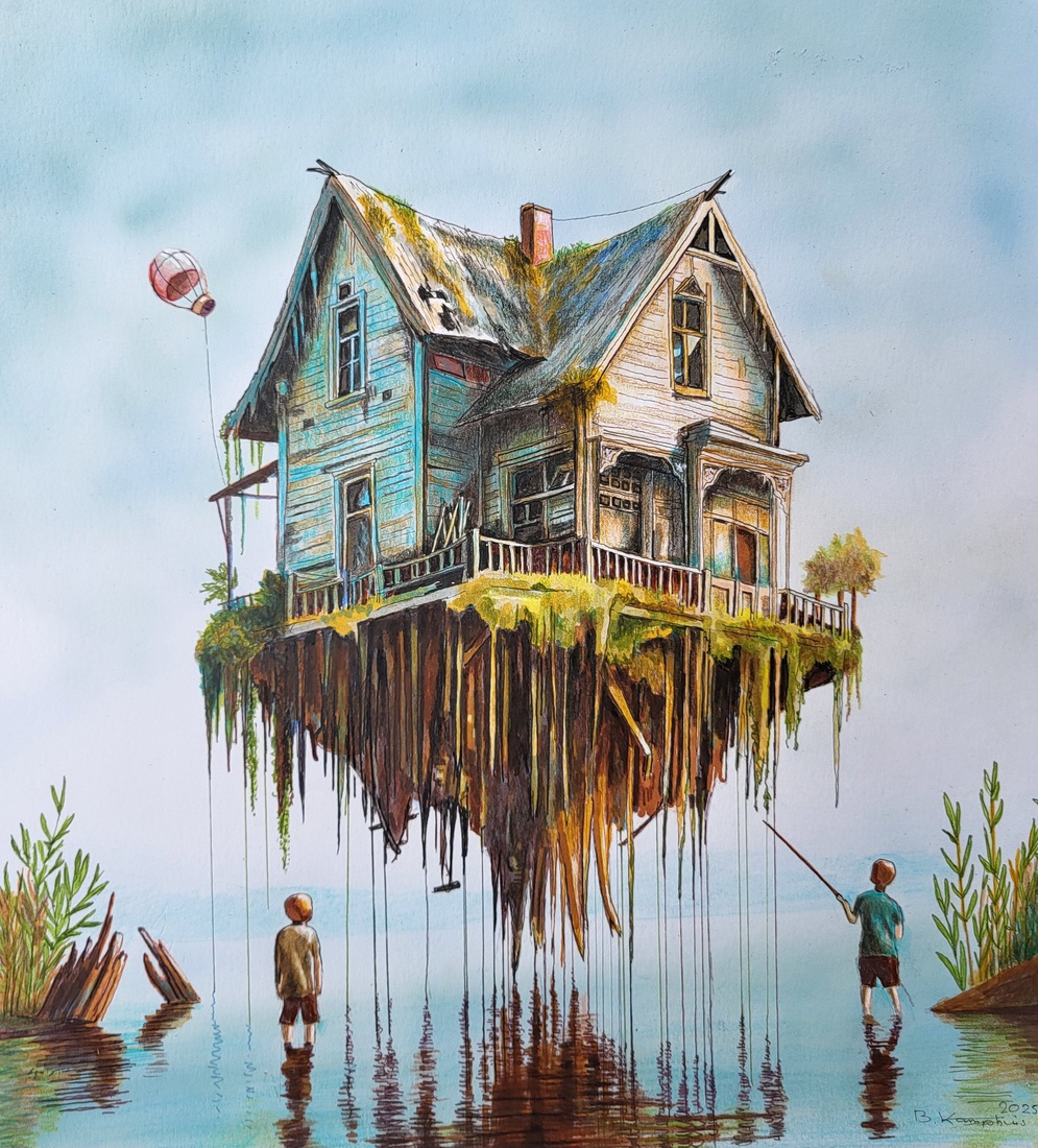 Twee jongens kijken naar een huis dat oprijst uit een meer