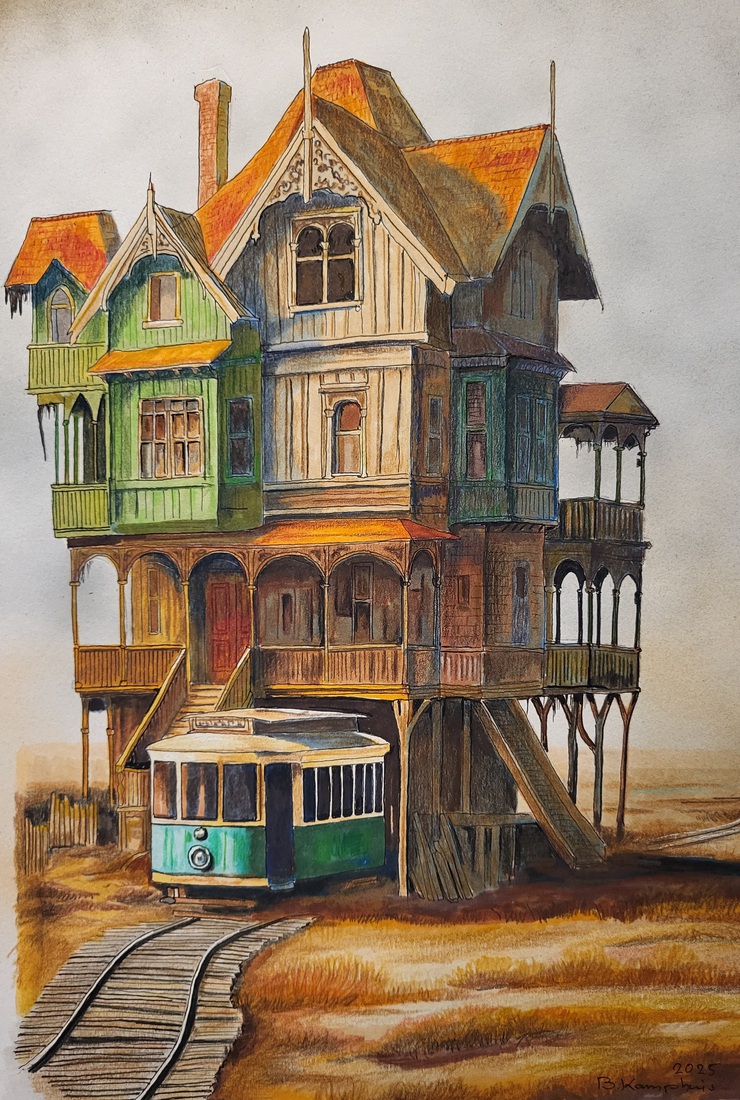 Huis met blauwe tram