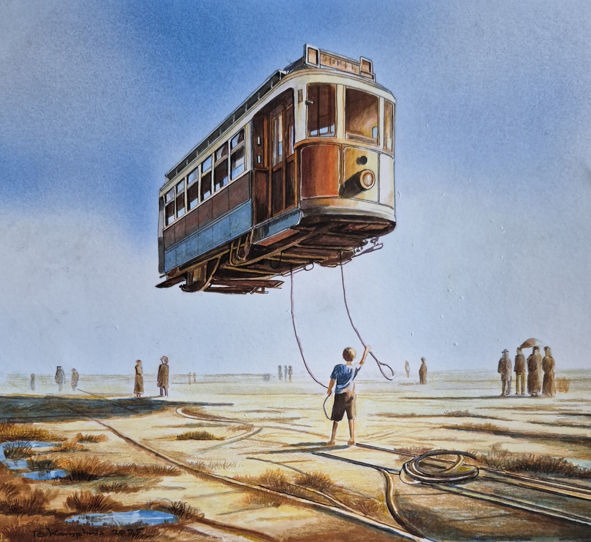 Jongen met tram aan een touwtje